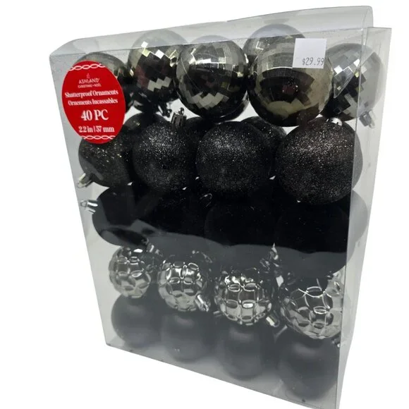 40 pc Black & Silver Shatterproof Ornaments - Picture 2 of 5